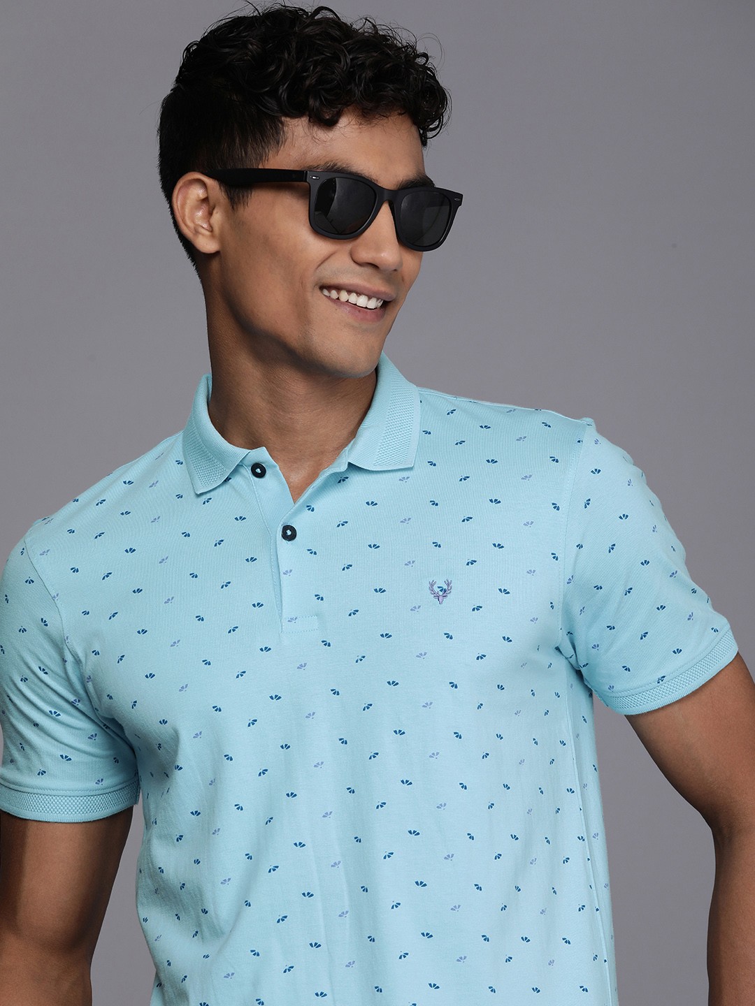 

Allen Solly Pure Cotton Floral Printed Polo Collar Casual T-shirt, Blue