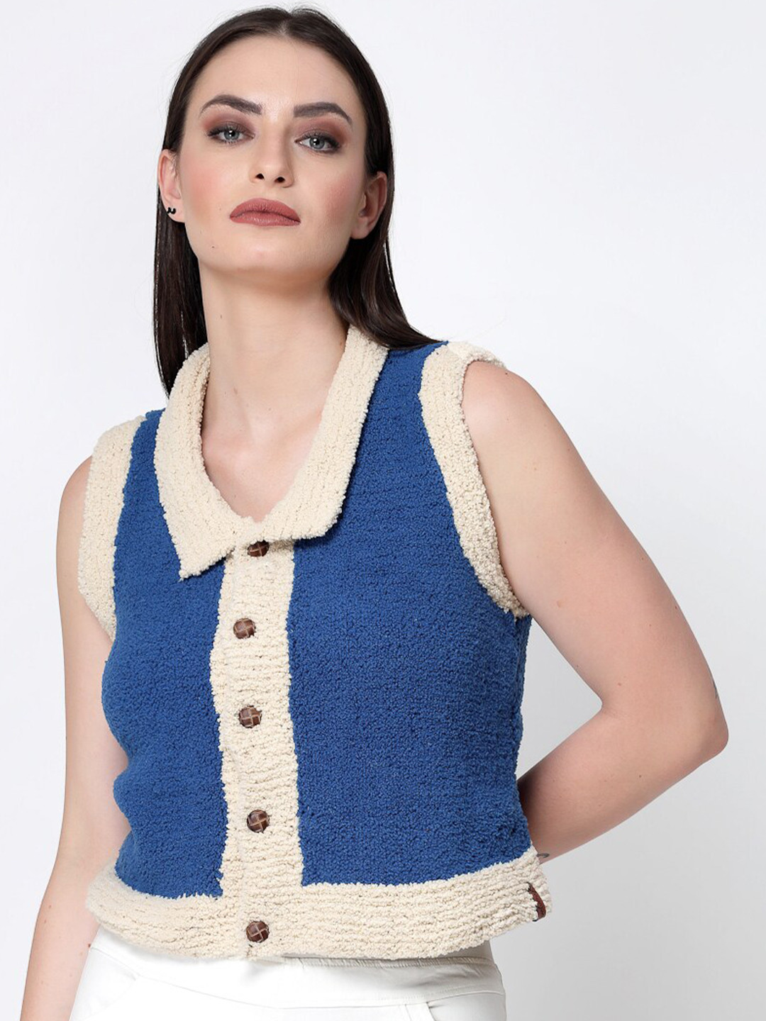 

Velvery Colourblocked Crop Sweater Vest, Blue