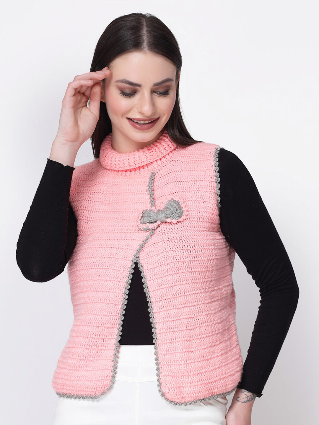 

Velvery Quirky Self Design Turtle Neck Sleeveless Acrylic Cardigan, Peach