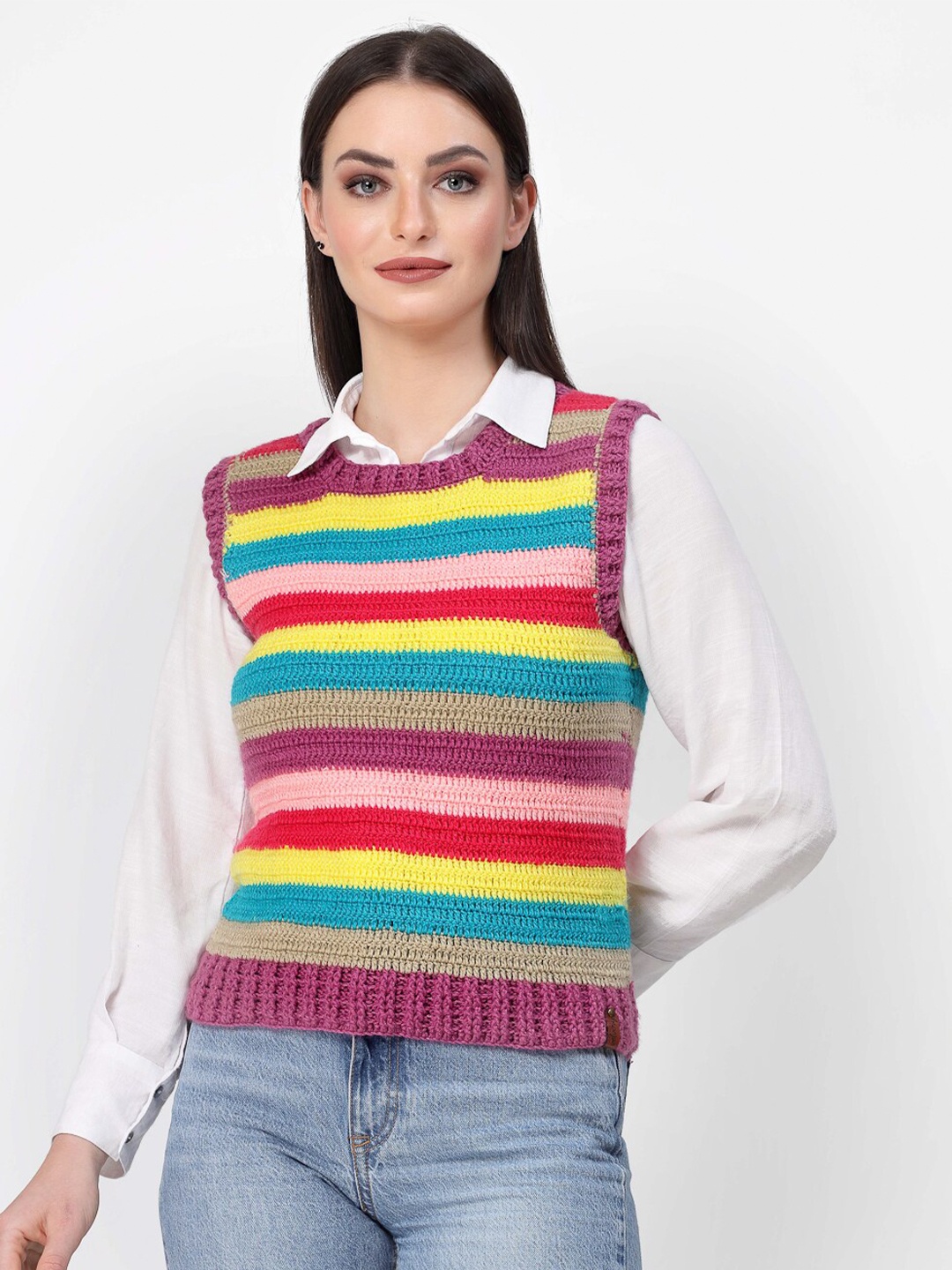 

Velvery Striped Round Neck Acrylic Sweater Vest, Yellow