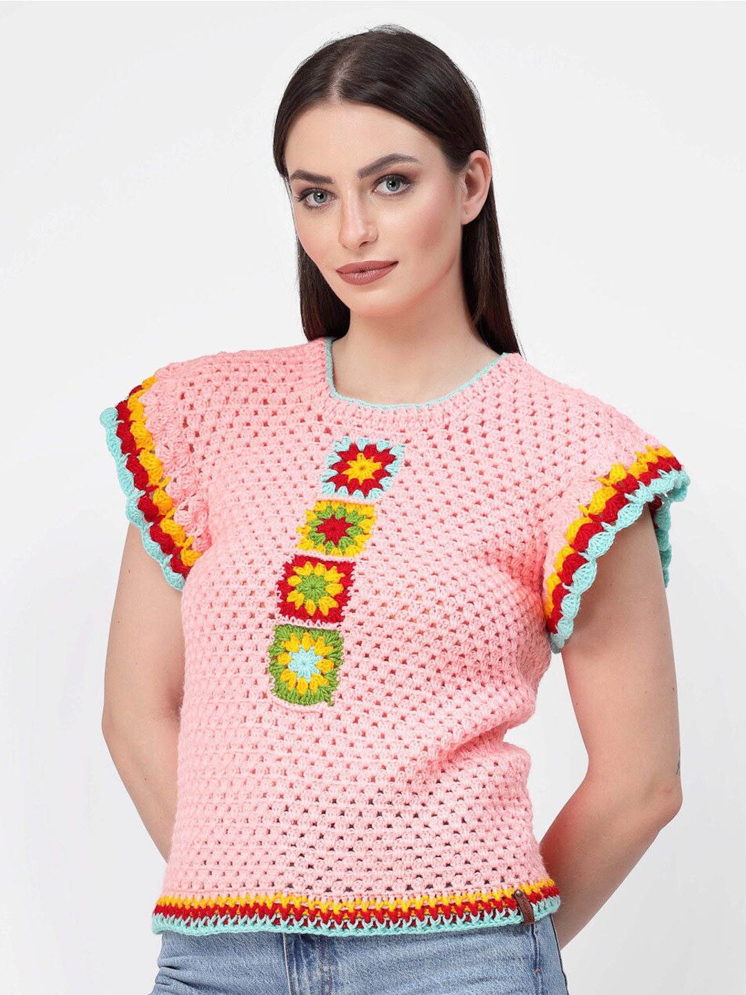

Velvery Open Knit Round Neck Acrylic Pullover, Pink