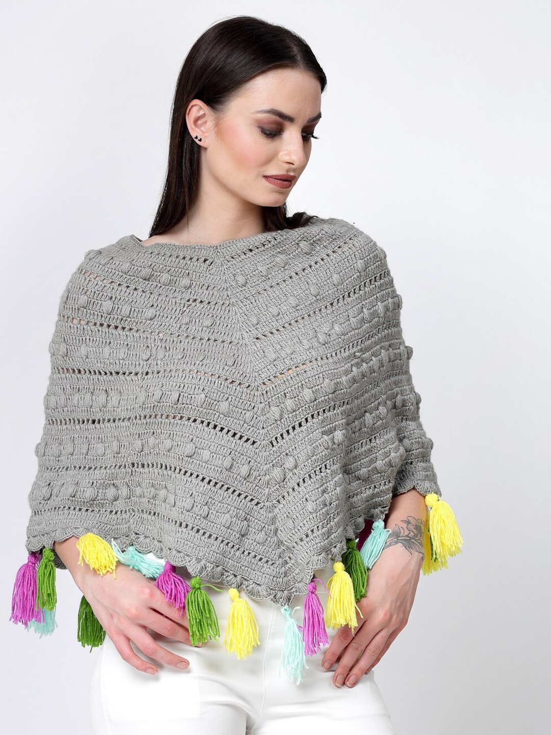 

Velvery Cable Knit Round Neck Acrylic Poncho With Tassels, Grey