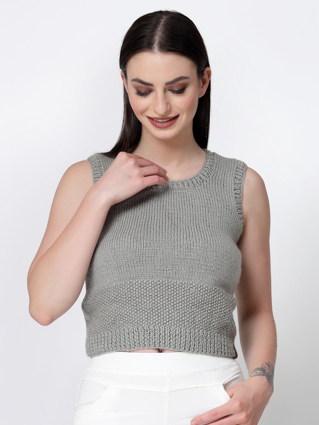 

Velvery Acrylic Ribbed Sweater Vest, Grey