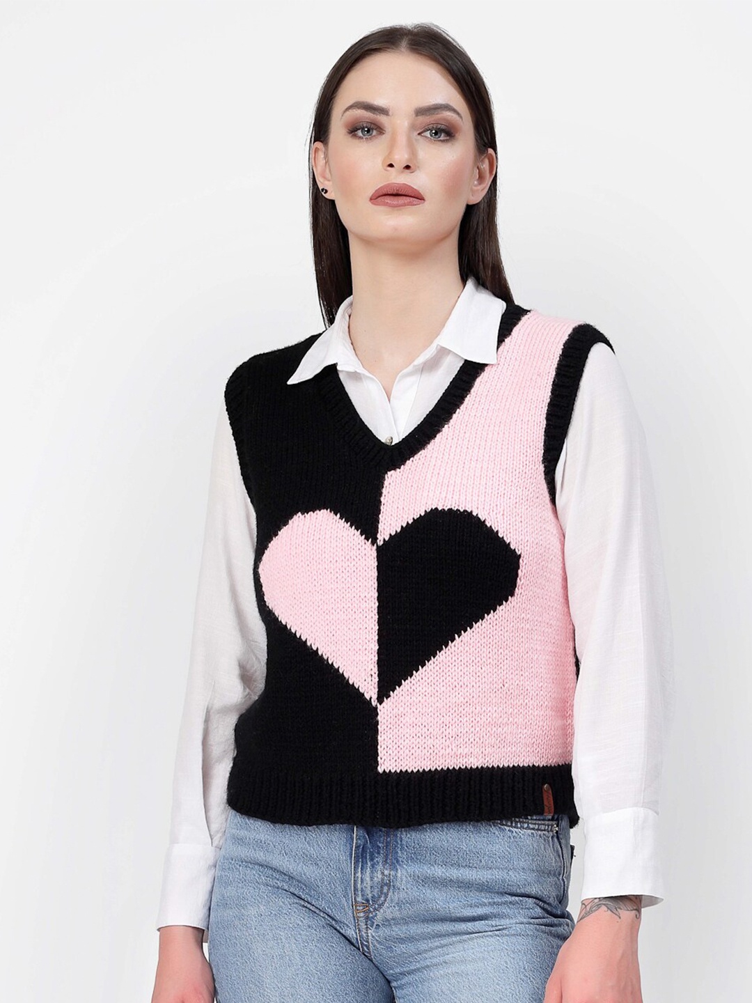 

Velvery Heart Design V-Neck Knitted Acrylic Sweater Vest, Black