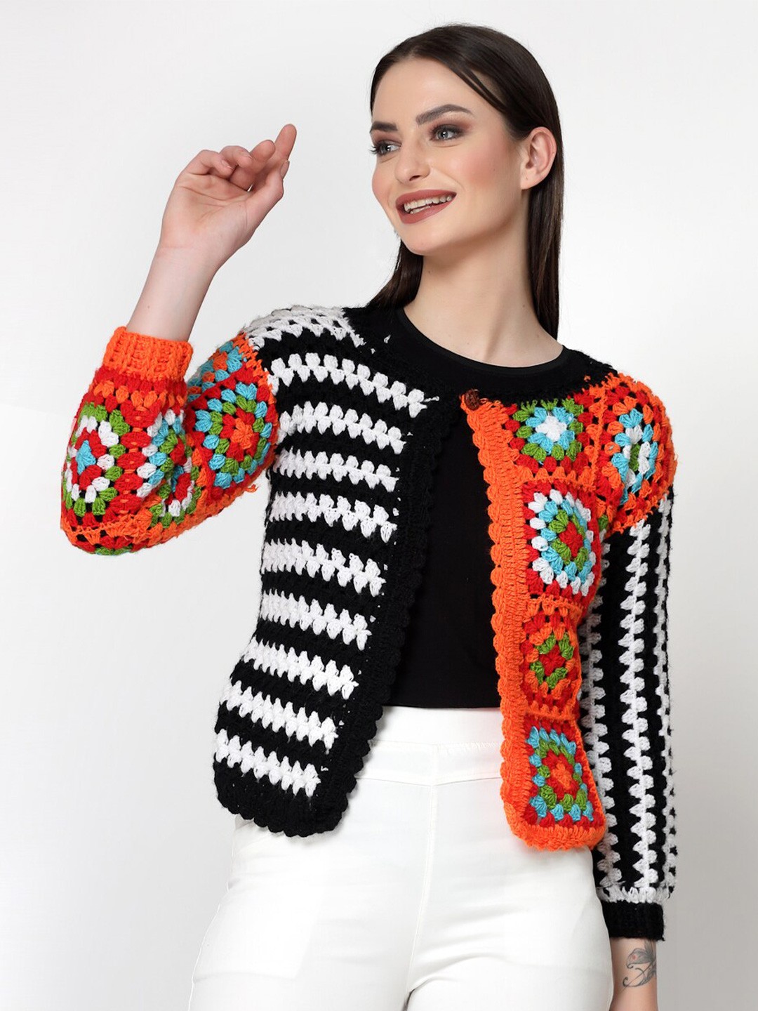 

Velvery Striped Knitted Acrylic Front-Open Sweater, Black