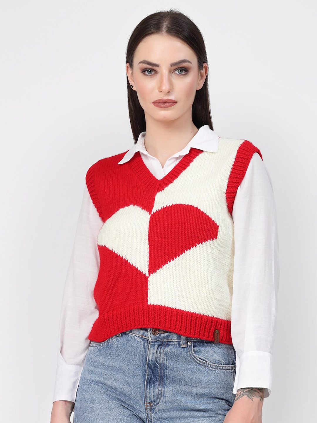

Velvery Colourblocked Acrylic Sweater Vest, Red
