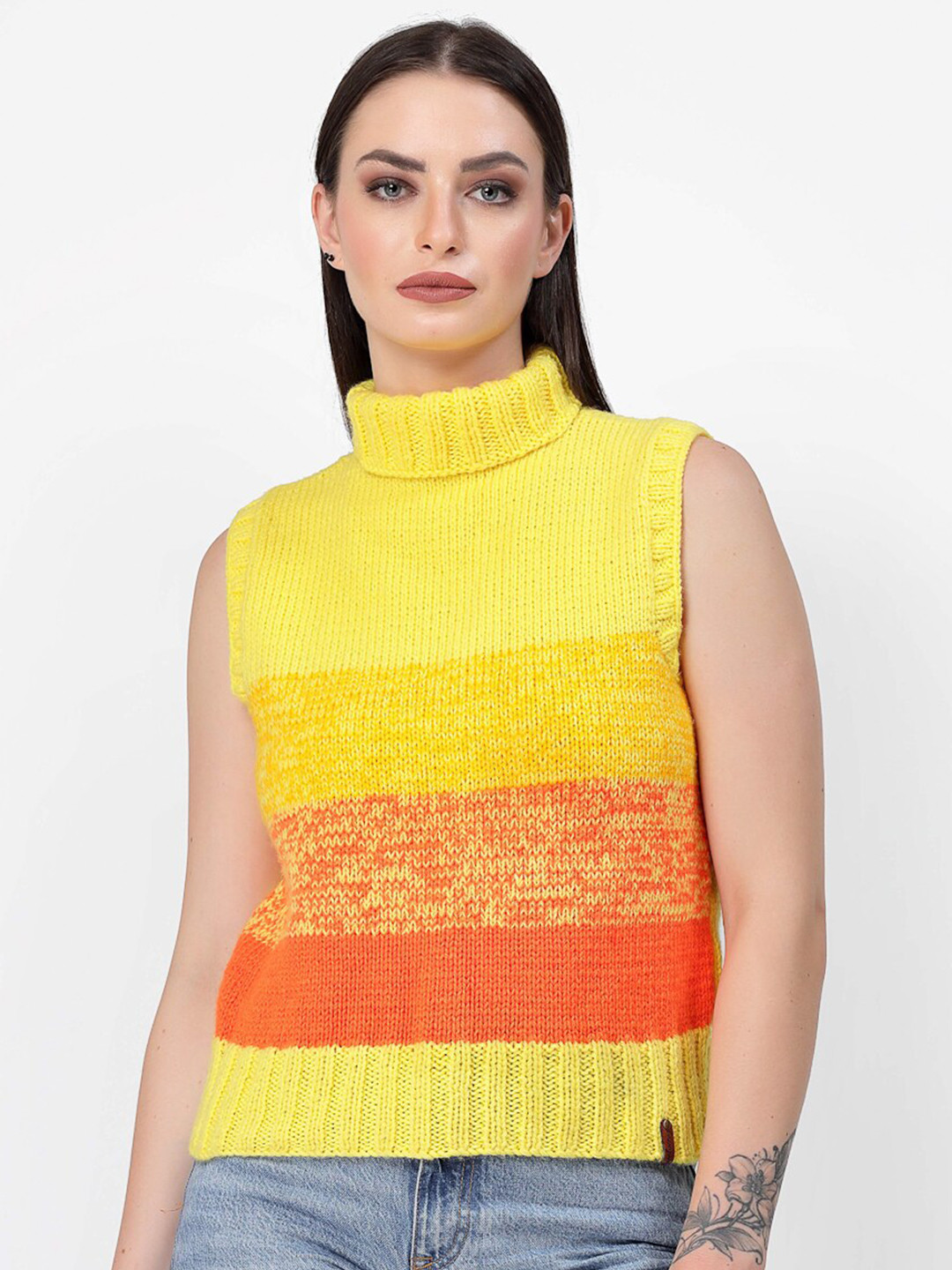 

Velvery Turtle Neck Colourblocked Acrylic Sweater Vest, Yellow