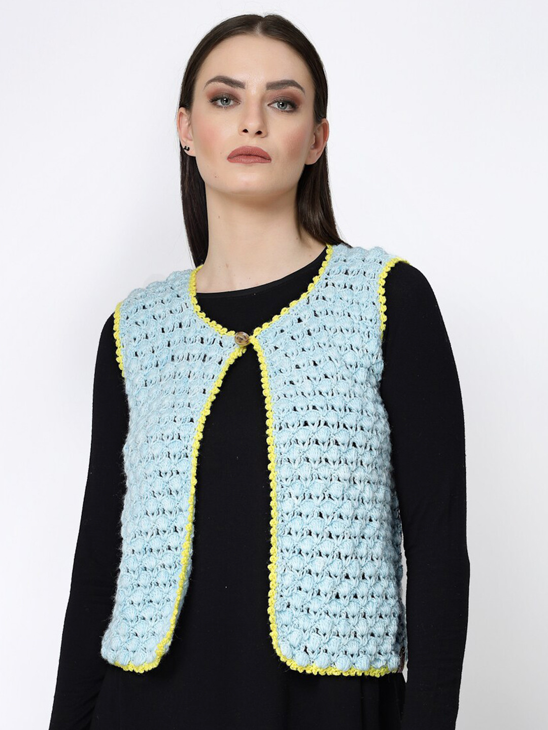 

Velvery Open Knit Self Design Front Open Sweater, Blue