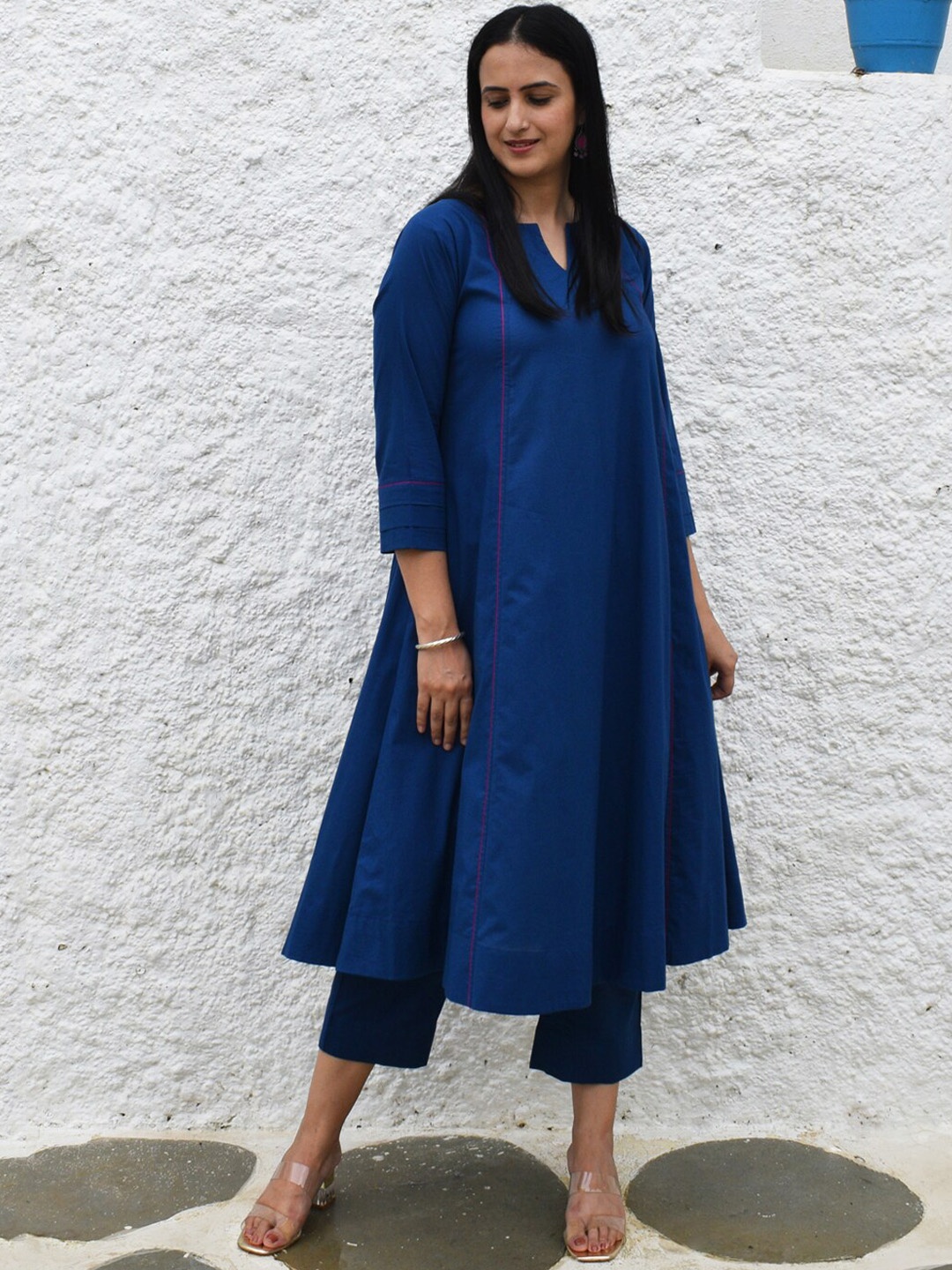 

House of Moxa Panelled Cotton A-line Kurta, Blue