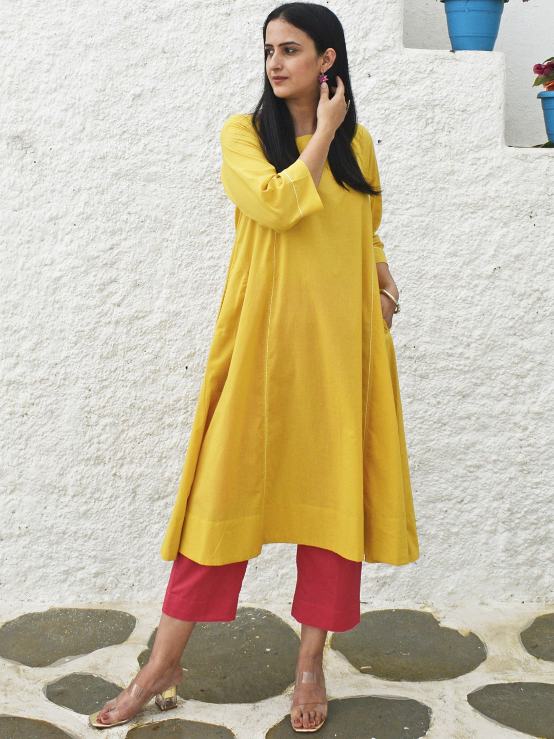 

House of Moxa Square Neck Pure Cotton A-Line Kurta, Yellow