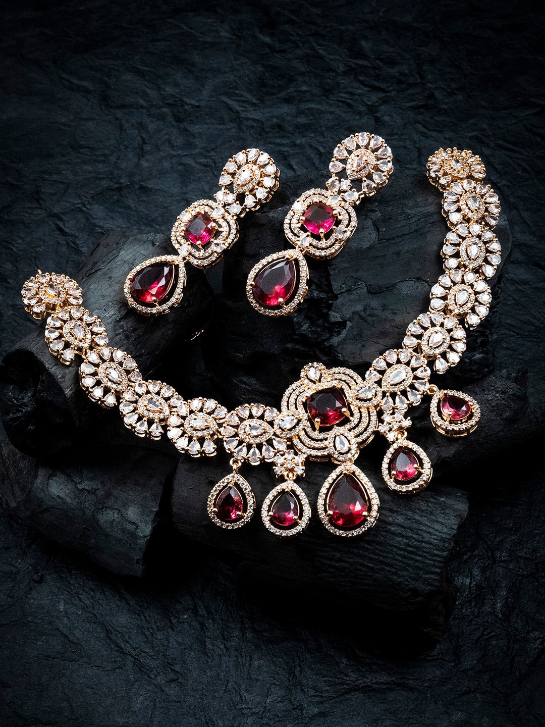 

StileAdda Rose Gold Plated American Diamond & Cubic Zirconia Studded Jewellery Set