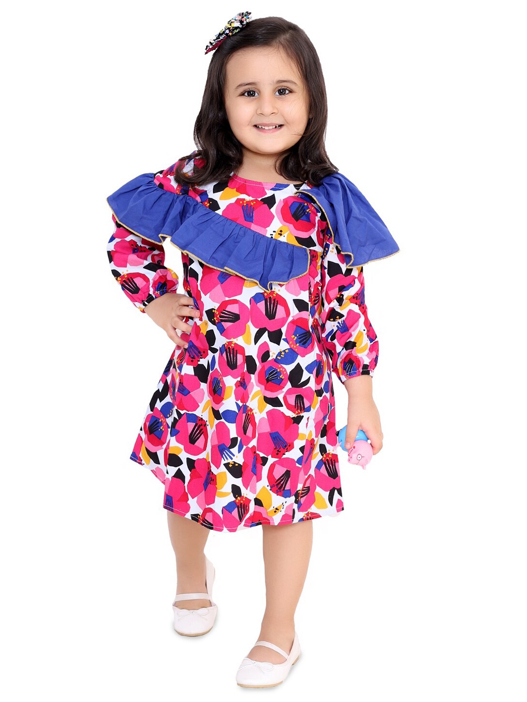 

M'andy Girls Floral Printed Ruffles Cotton A-Line Midi Dress, Pink