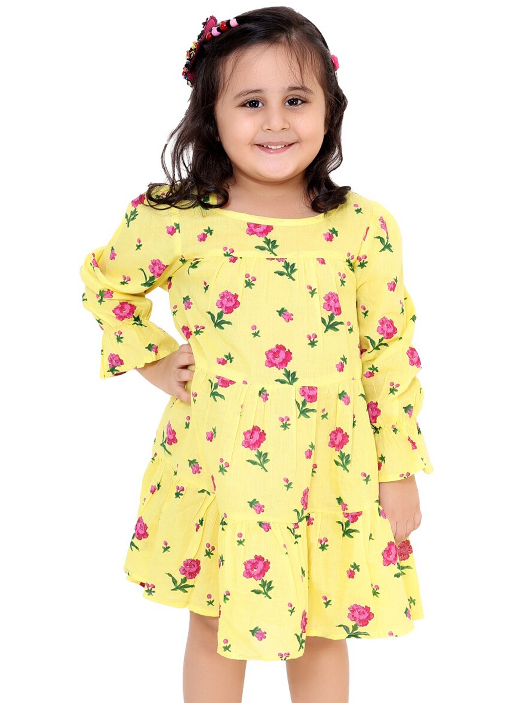 

M'andy Floral Printed Cotton Fit & Flare Dress, Yellow