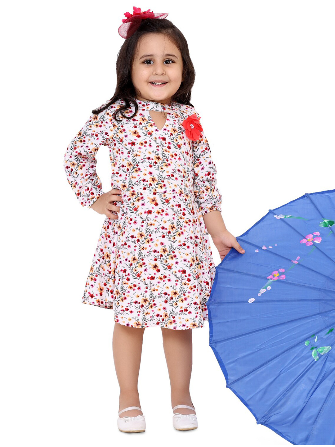

M'andy Girls Floral Printed Cotton A Line Dress, White