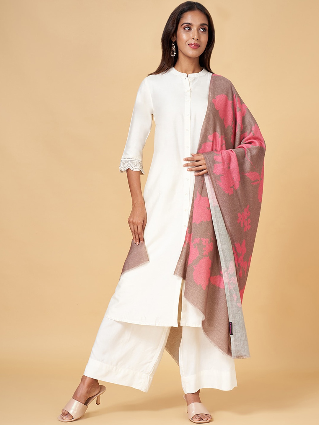 

RANGMANCH BY PANTALOONS Floral Woven Design Acrylic Shawl, Brown