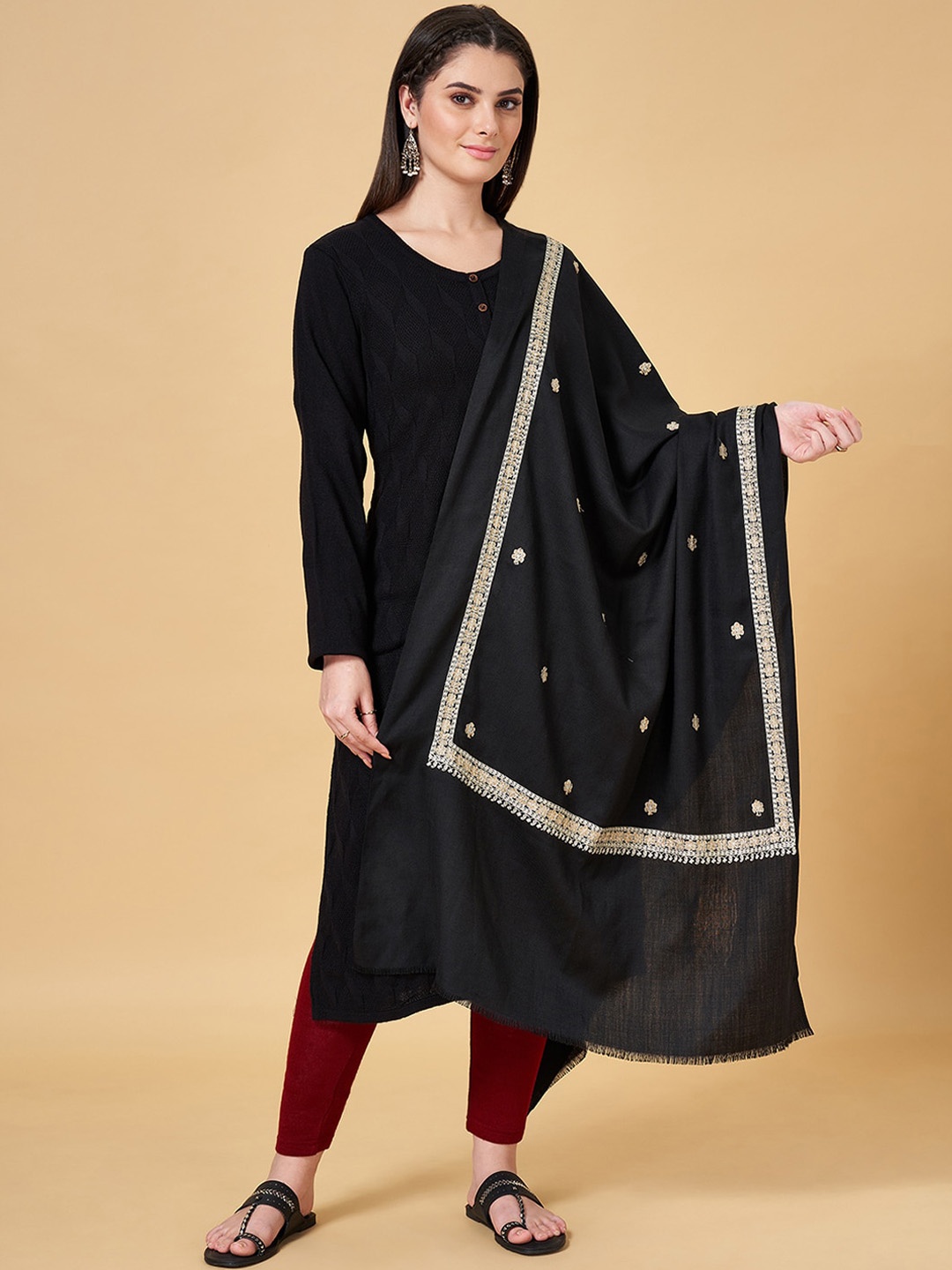 

RANGMANCH BY PANTALOONS Embroidered Acrylic Shawl, Black