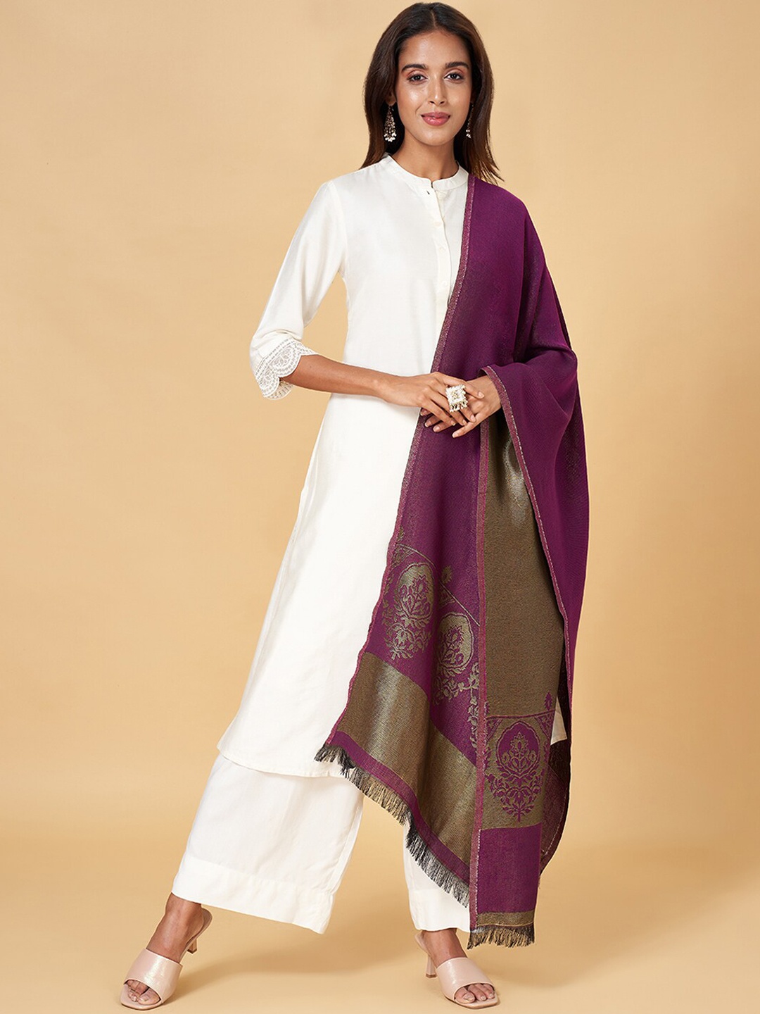 

RANGMANCH BY PANTALOONS Ethnic Motifs Woven Design Pure Acrylic Shawl, Purple