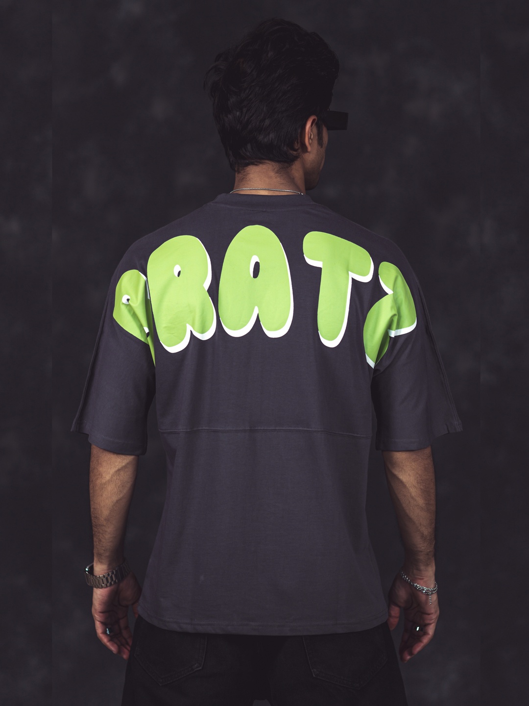 

Powerlook Grey & Green Typography Printed Pure Cotton Oversized T-shirt