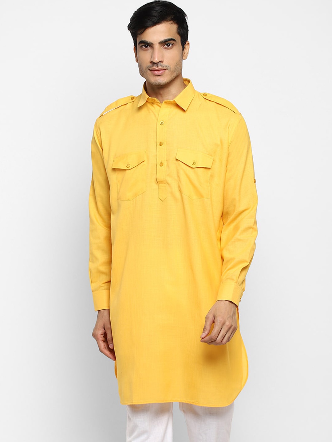 

ROYAL KURTA Shirt Collar Pure Cotton Pathani Kurta with Trousers, Yellow
