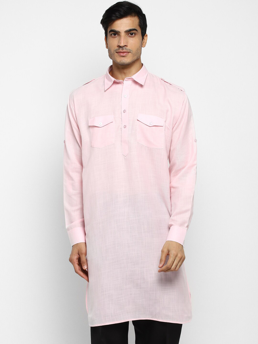 

ROYAL KURTA Shirt Collar Pure Cotton Pathani Kurta with Trousers, Pink