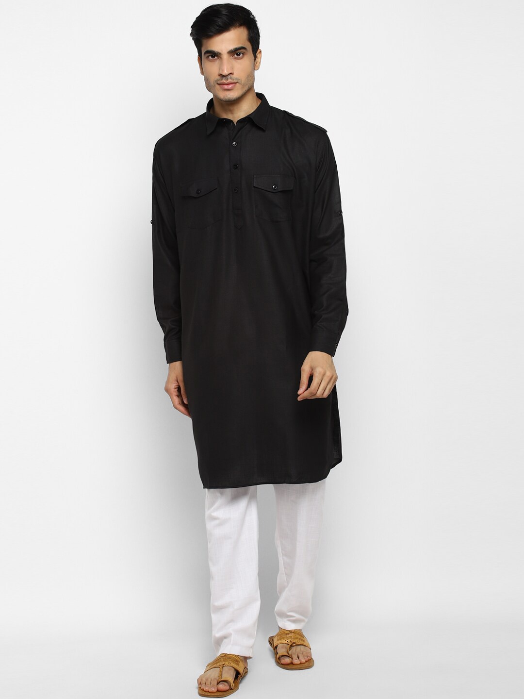 

ROYAL KURTA Shirt Collar Pure Cotton Pathani Kurta With Pyjama, Black