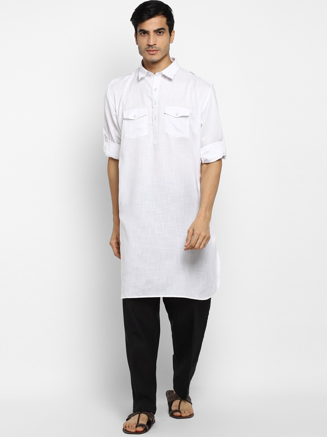 

ROYAL KURTA Shirt Collar Pure Cotton Pathani Kurta With Churidar, White