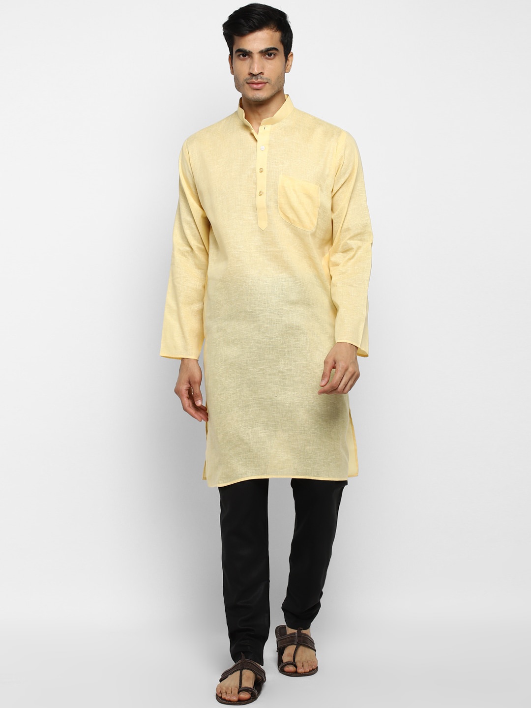 

ROYAL KURTA Band Collar Pure Cotton Kurta With Churidar, Beige
