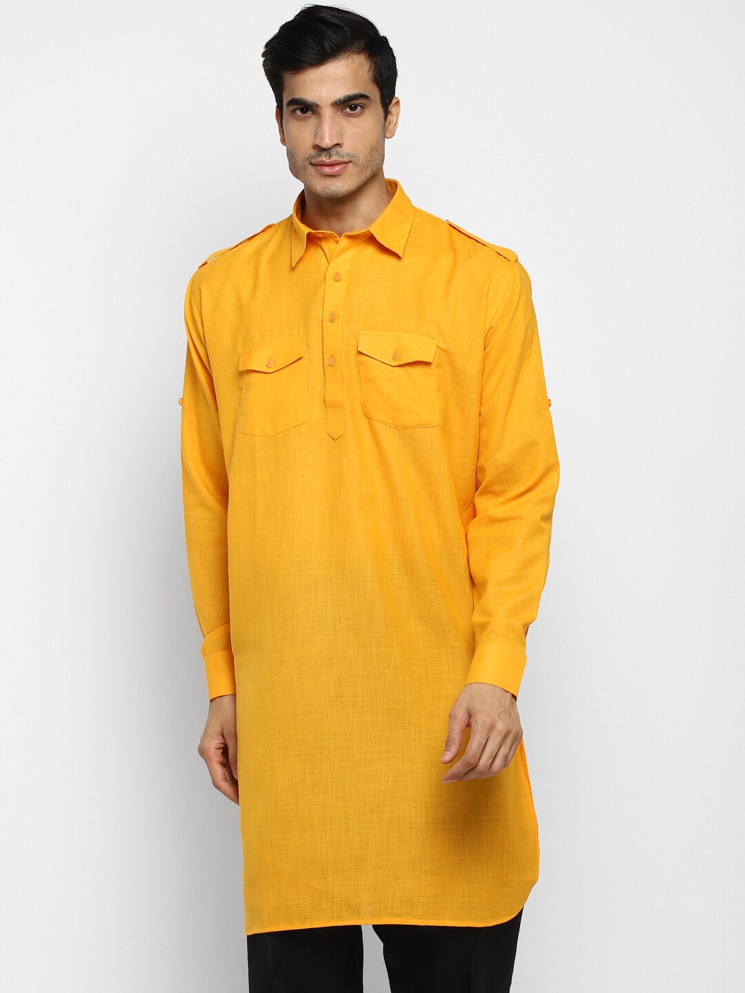 

ROYAL KURTA Shirt Collar Pure Cotton Pathani Kurta with Trousers, Yellow