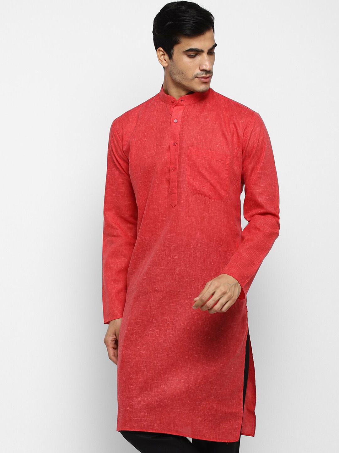 

ROYAL KURTA Band Collar Pure Cotton Kurta With Churidar, Coral