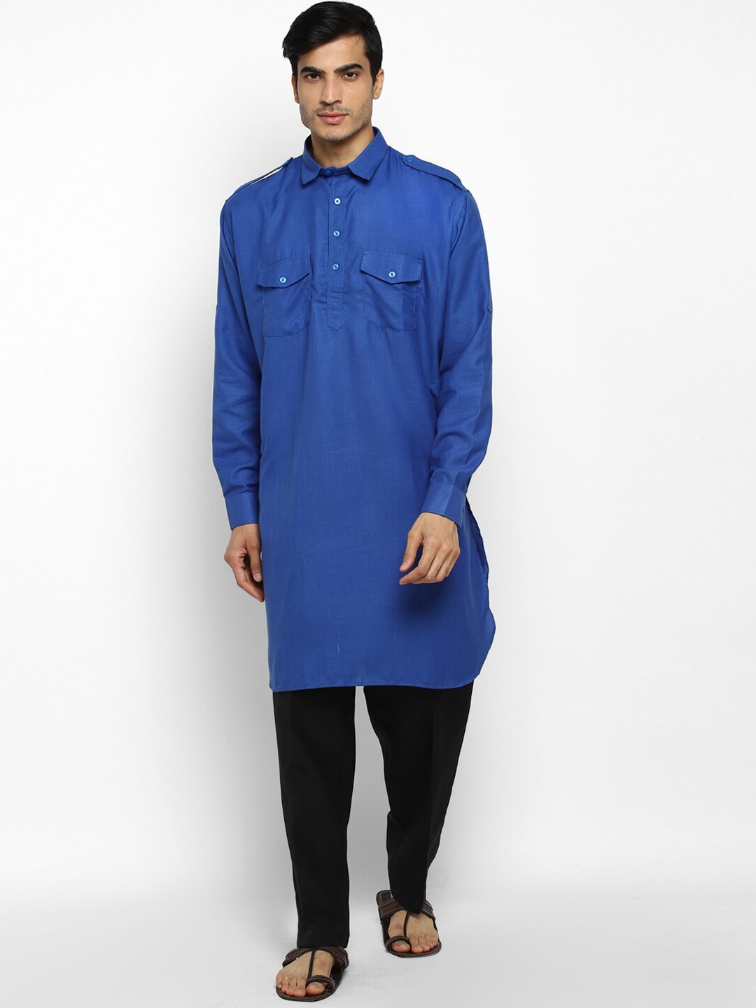 

ROYAL KURTA Shirt Collar Pure Cotton Pathani Kurta with Trousers, Blue