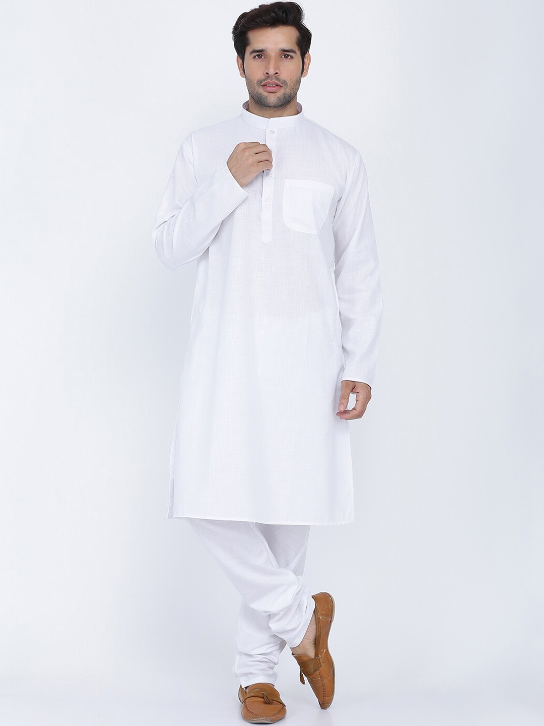 

ROYAL KURTA Band Collar Pure Cotton Kurta With Churidar, White