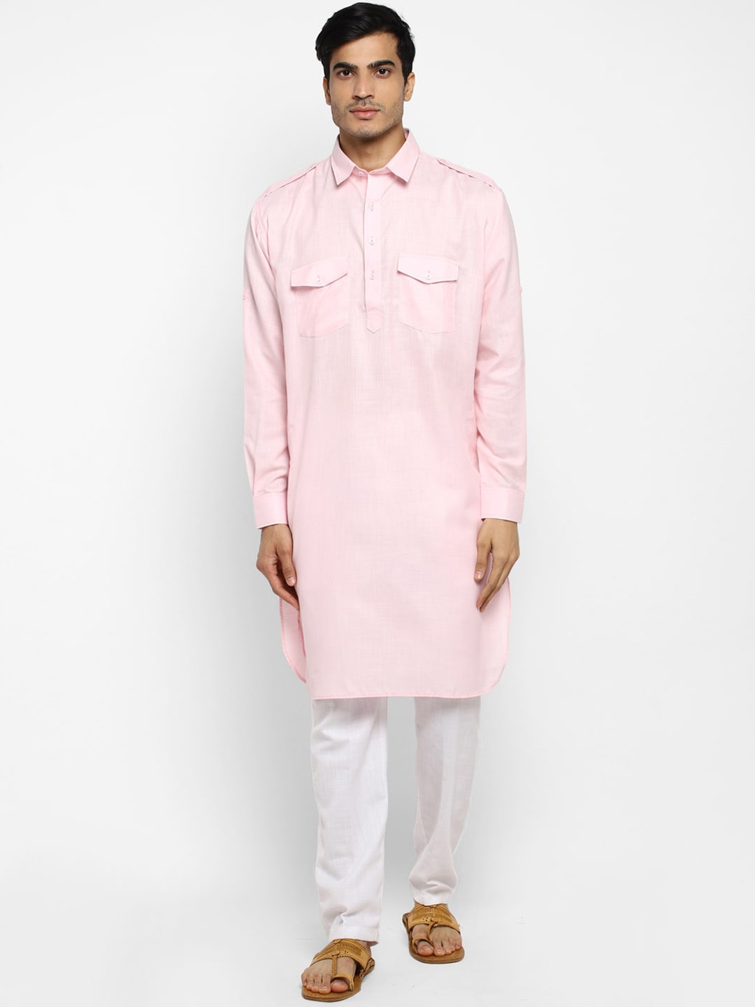 

ROYAL KURTA Shirt Collar Pure Cotton Pathani Kurta with Trousers, Pink