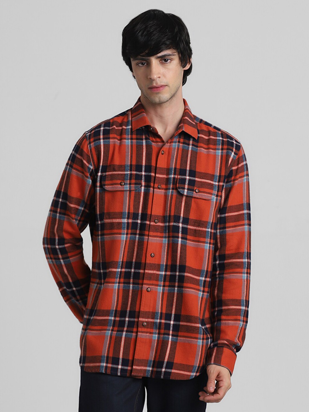 

Jack & Jones Men Orange Tartan Checks Opaque Checked Casual Shirt