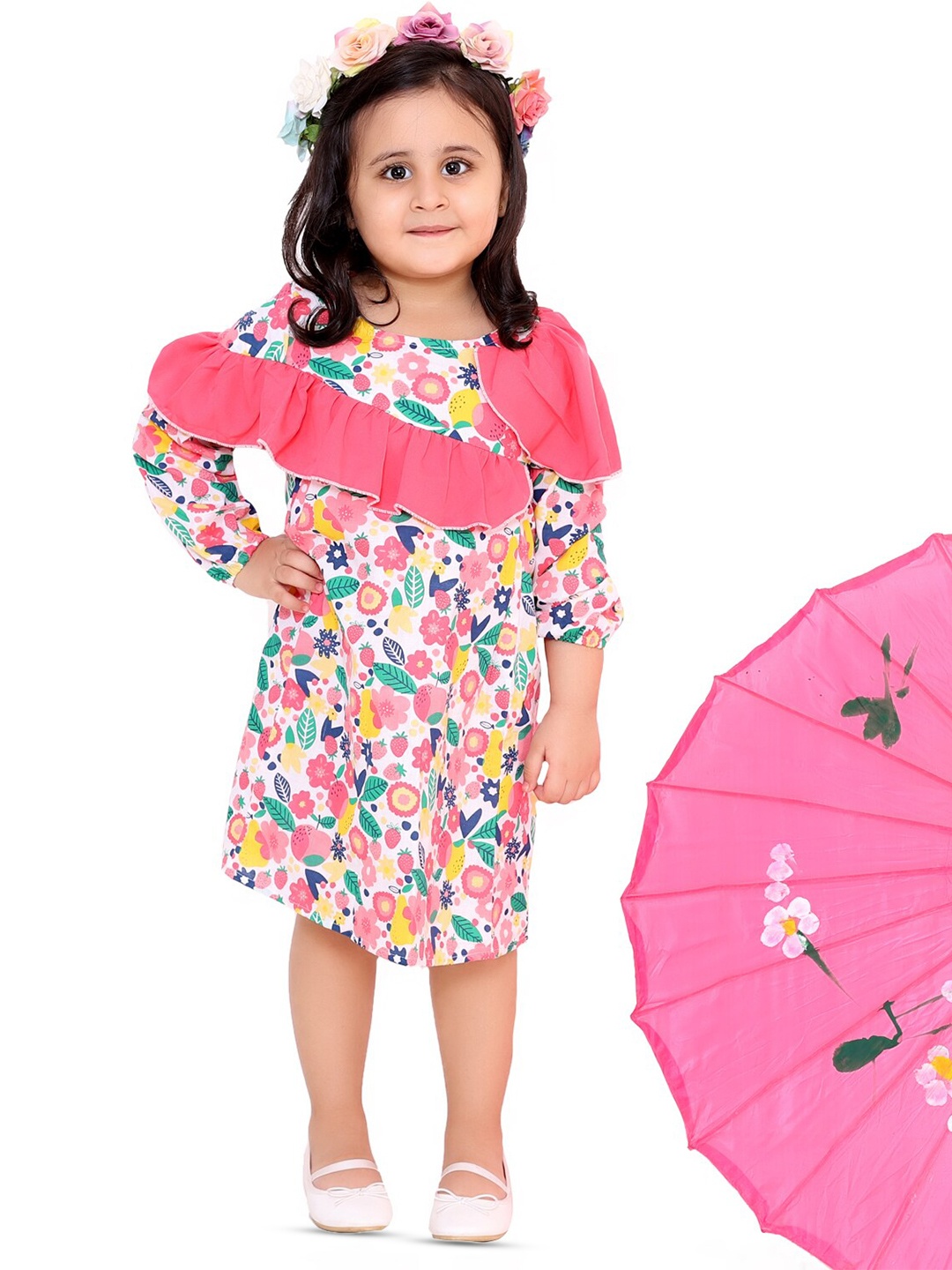 

BAESD Girls Floral Printed Ruffles Detail Cotton A-Line Dress, Pink