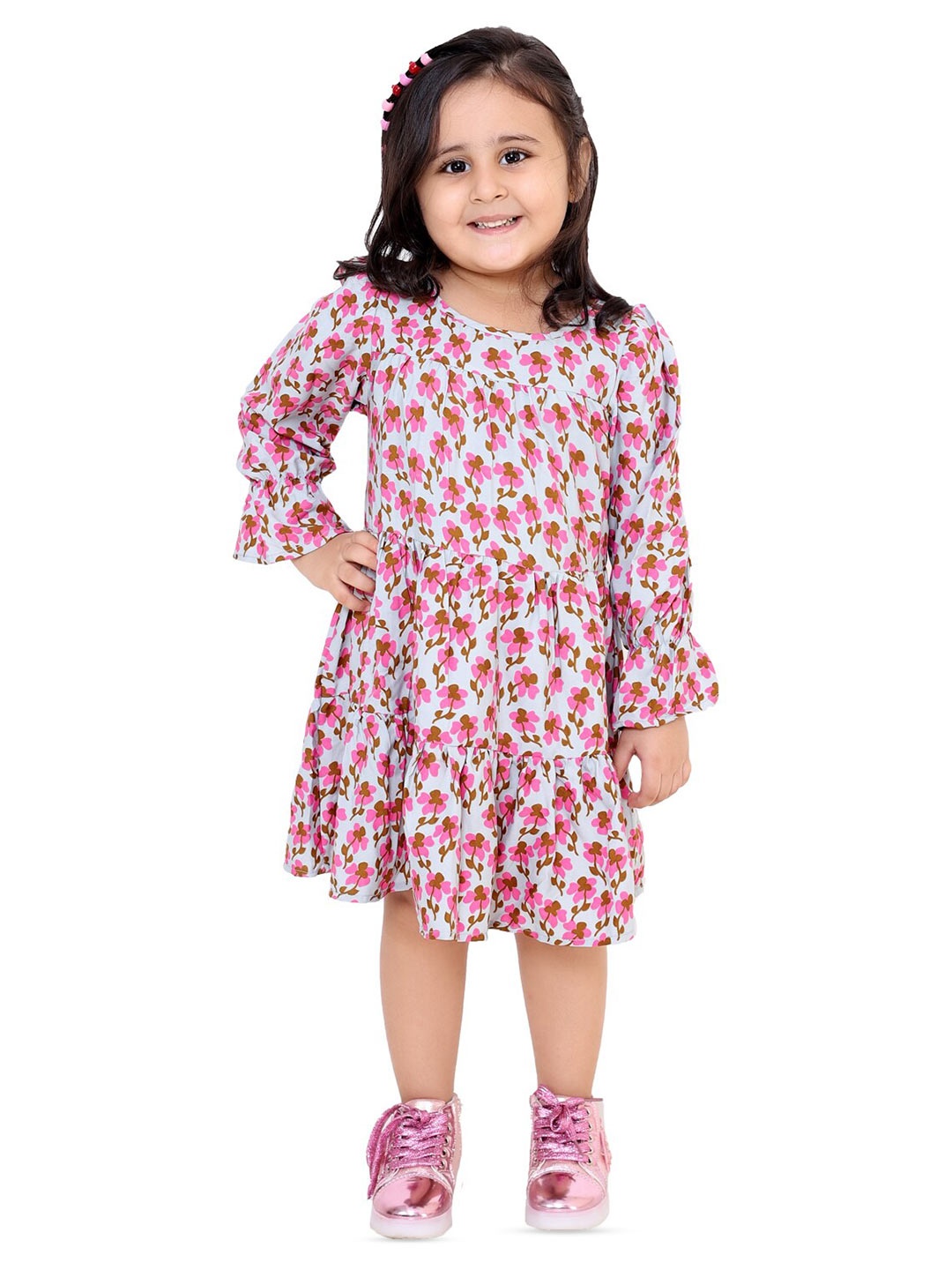 

BAESD Girls Floral Printed Cotton Bell Sleeves A-Line Dress, Pink
