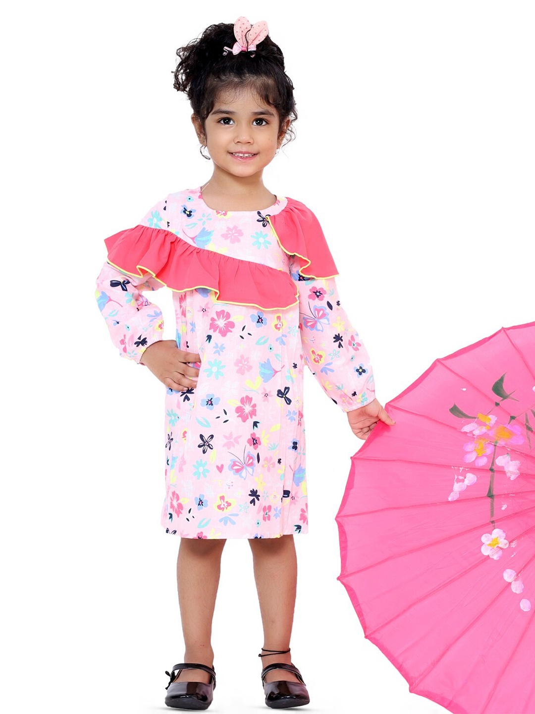 

BAESD Girls Floral Printed Puff Sleeves Cotton A-Line Dress, Pink
