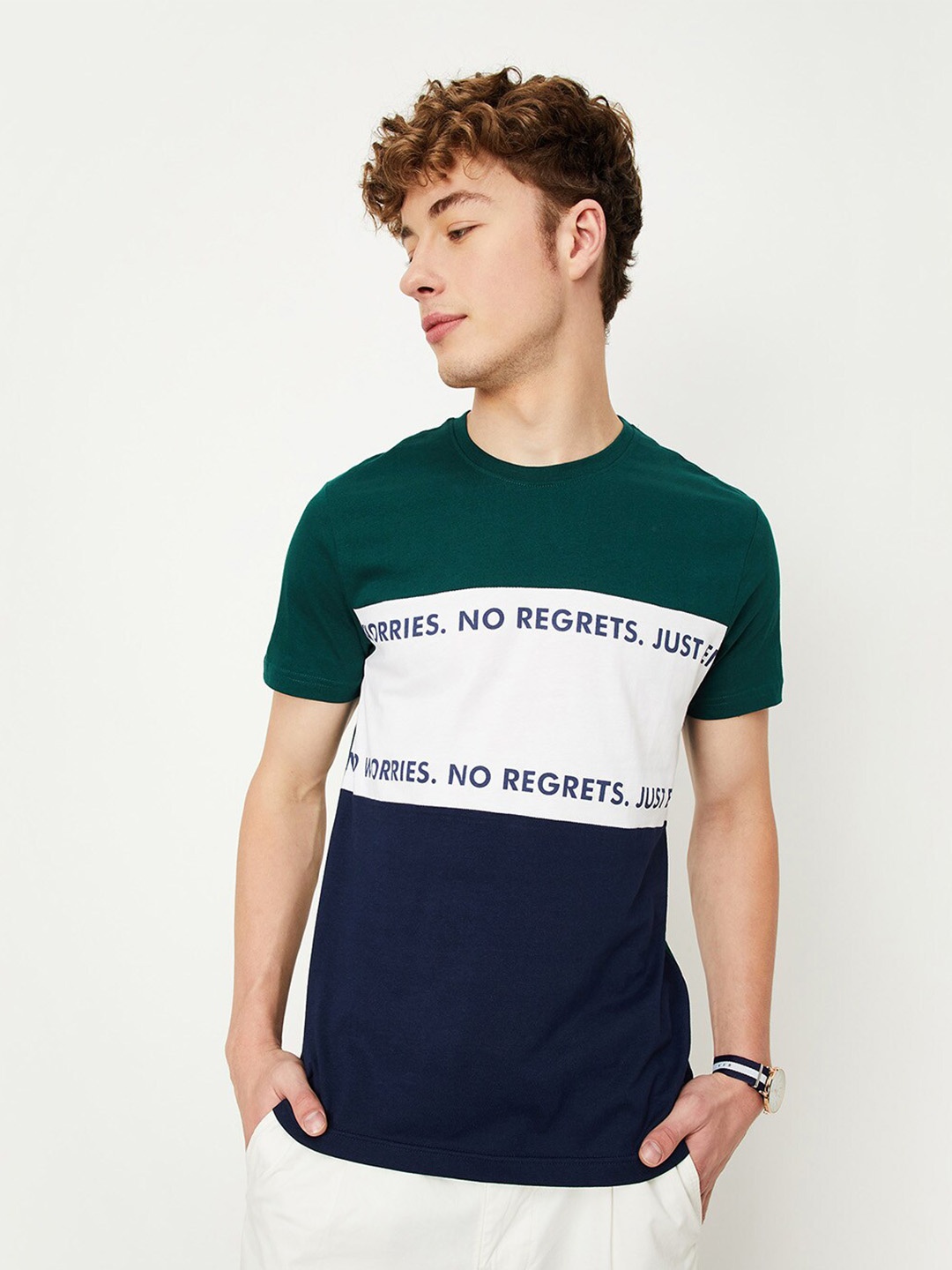 

max Typography Printed Cotton T-shirt, Green