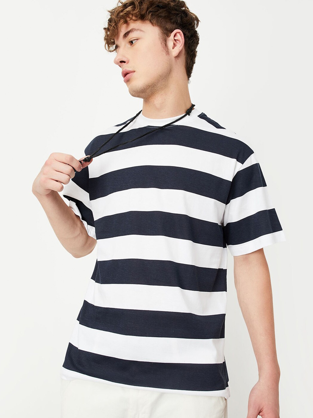 

max Striped Pure Cotton T-shirt, Navy blue