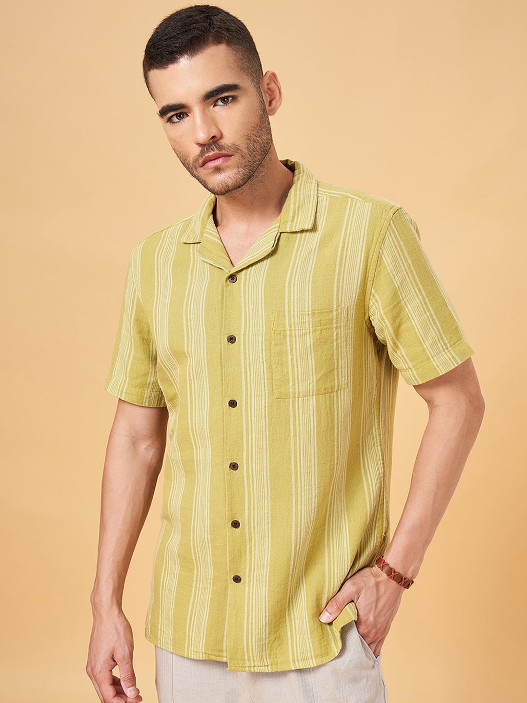 

7 Alt by Pantaloons Men Striped Cotton Casual Shirt, Olive
