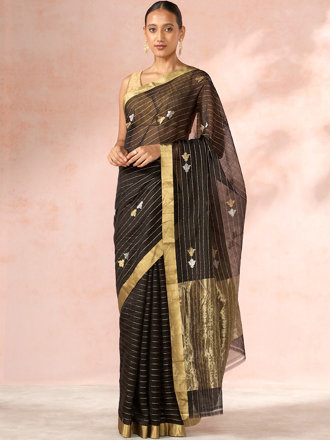 

Taneira Ethnic Motifs Woven Design Zari Silk Cotton Chanderi Saree, Black