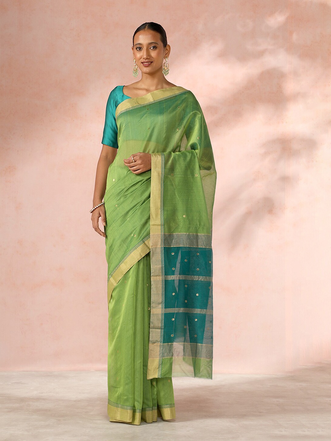 

Taneira Geometric Woven Design Zari Silk Cotton Chanderi Saree, Green