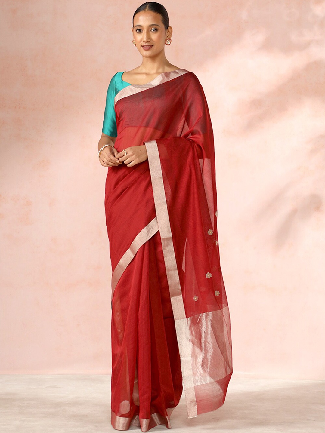 

Taneira Floral Woven Design Zari Silk Cotton Chanderi Saree, Red