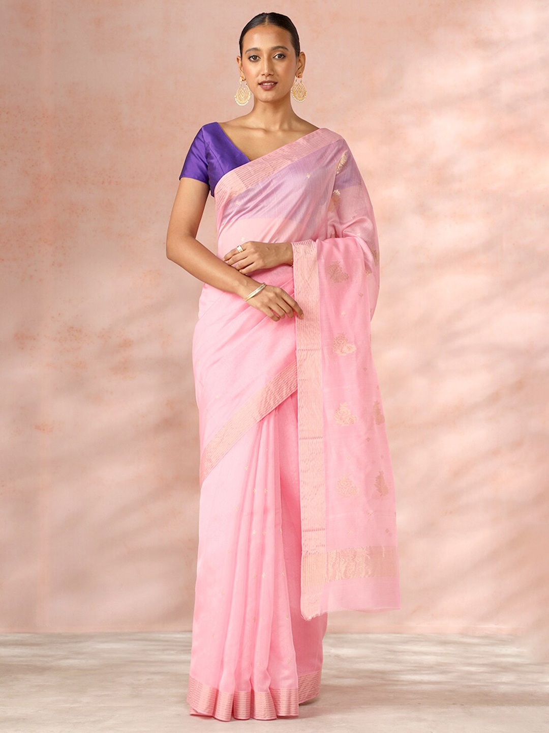

Taneira Floral Woven Design Zari Silk Cotton Chanderi Saree, Pink