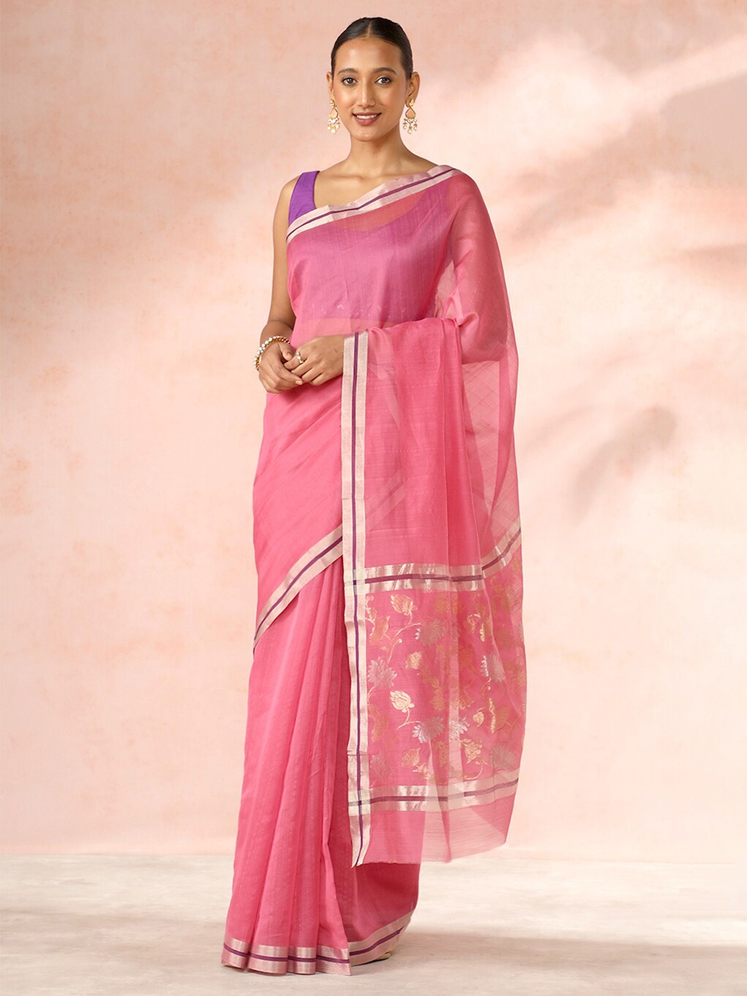 

Taneira Zari Silk Cotton Chanderi Saree, Pink