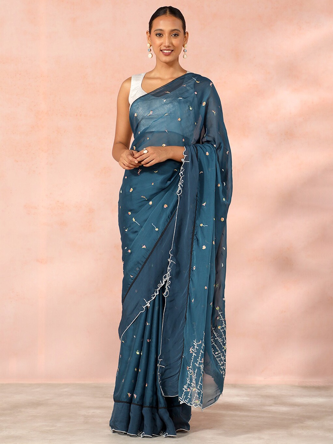 

Taneira Floral Embroidered Organza Saree, Blue