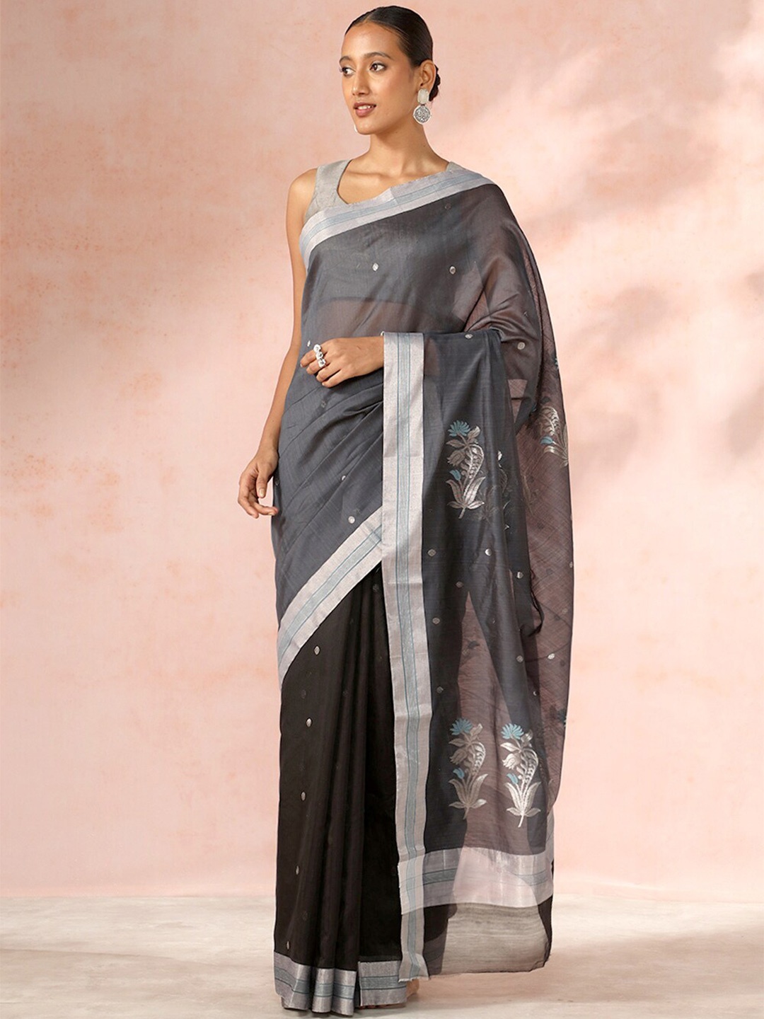 

Taneira Ethnic Motifs Woven Design Zari Silk Cotton Chanderi Saree, Black
