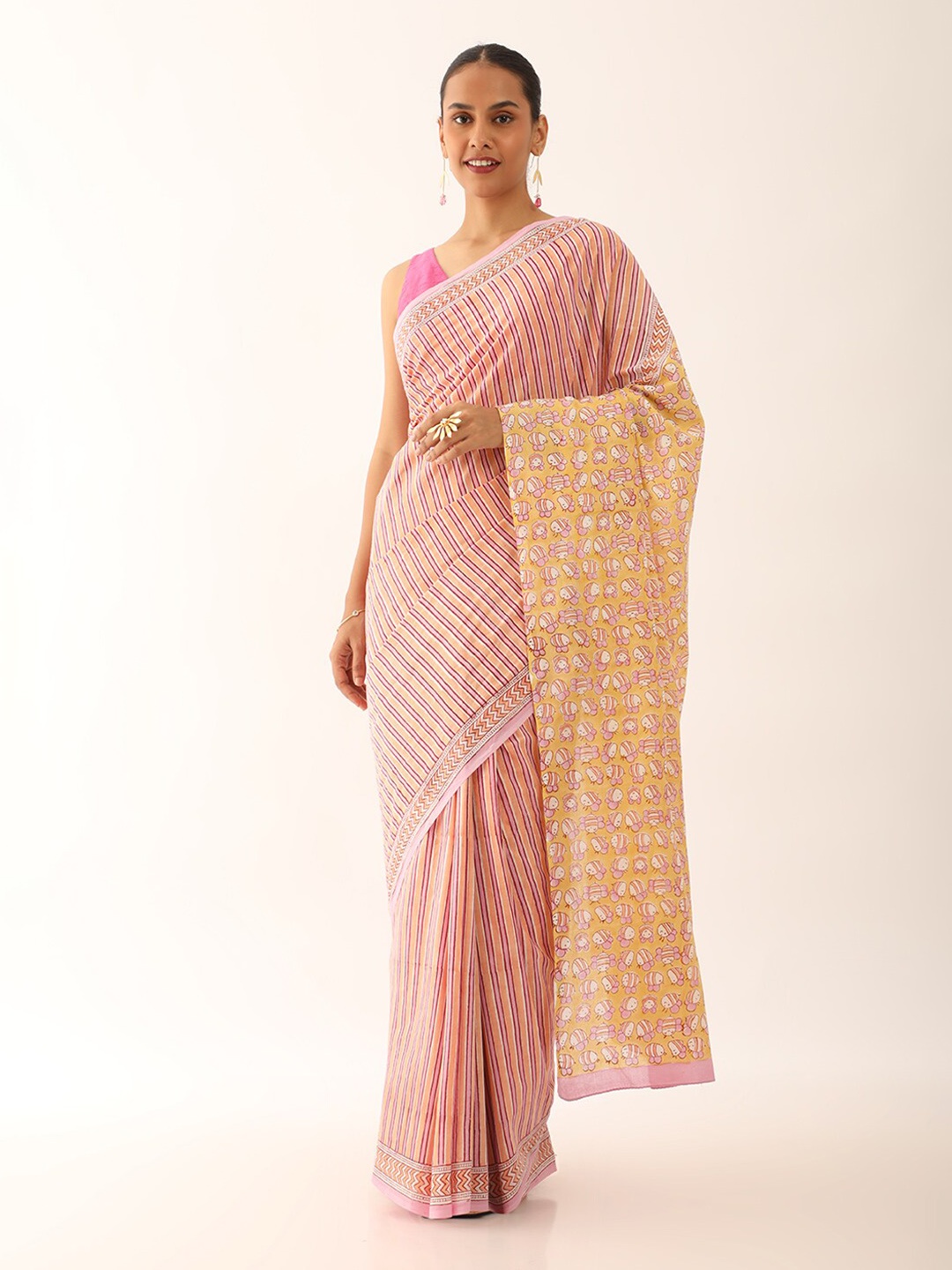 

Taneira Striped Pure Cotton Block Print Saree, Orange