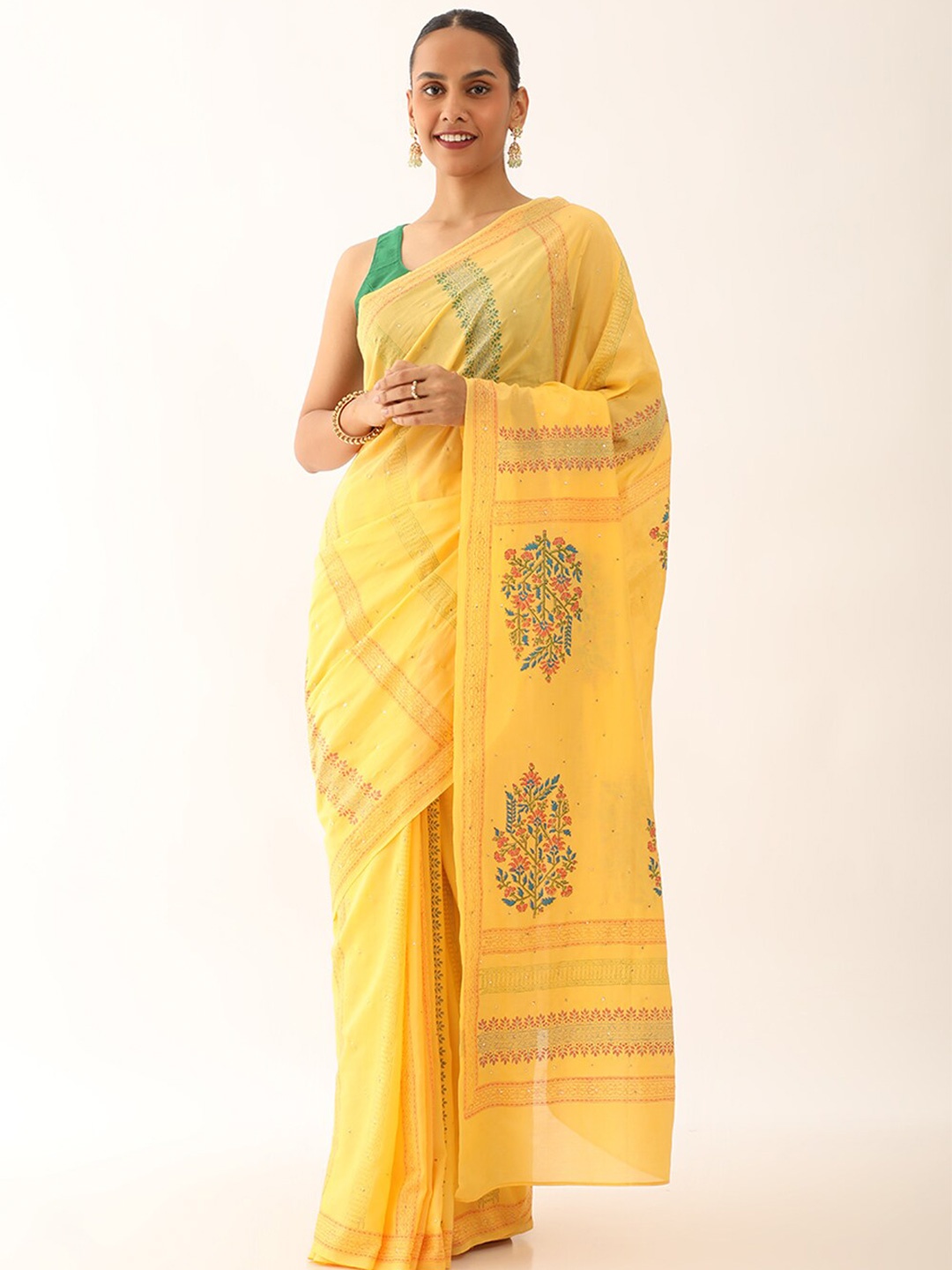 

Taneira Ethnic Motif Silk Cotton Block Print Saree, Yellow