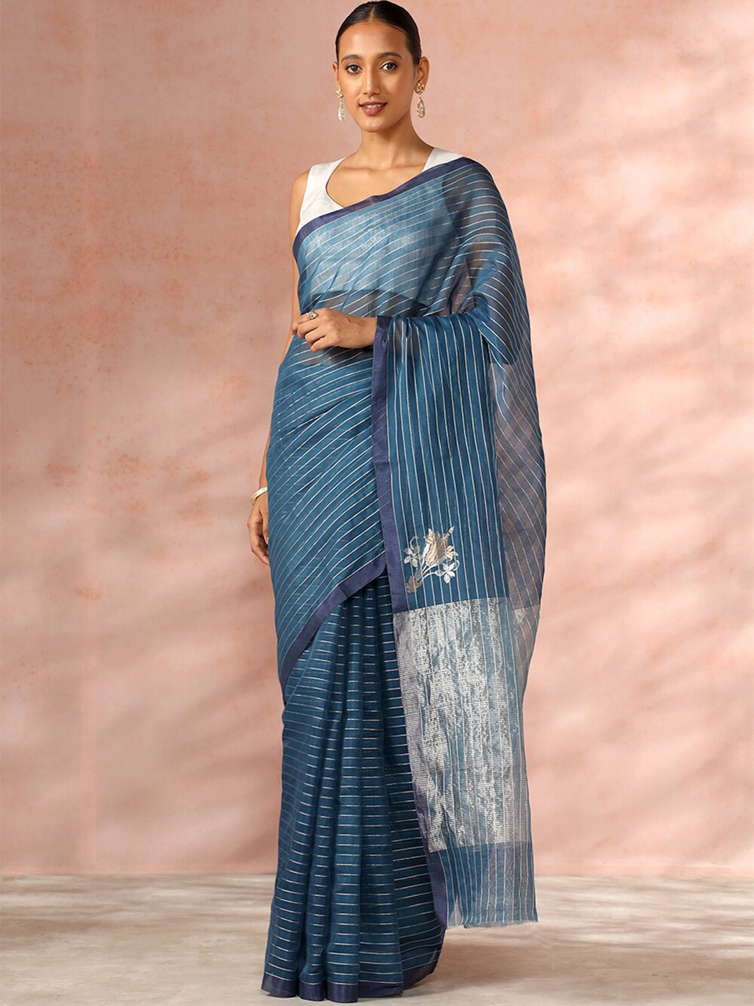 

Taneira Striped Woven Design Zari Silk Cotton Chanderi Saree, Blue