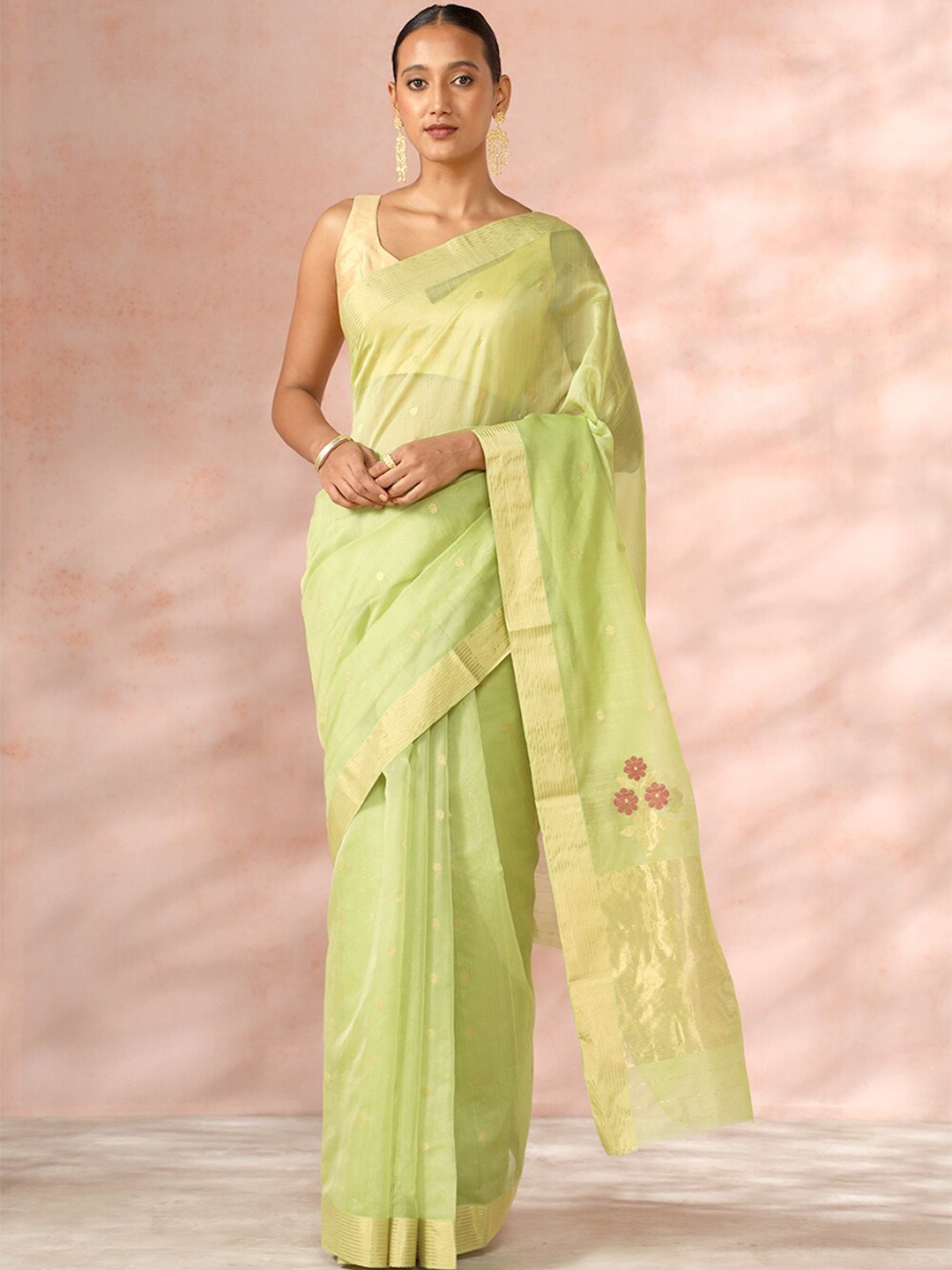 

Taneira Ethnic Motifs Woven Design Zari Silk Cotton Chanderi Saree, Green